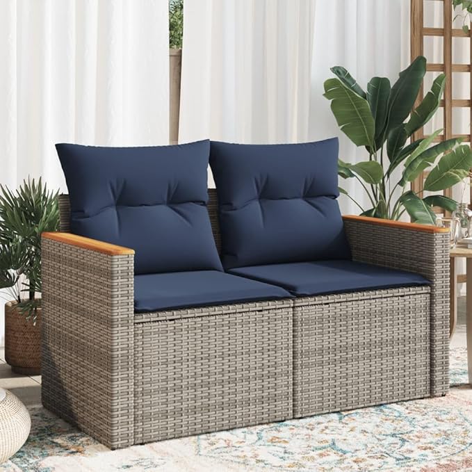 2-Seater Patio Sofa with Cushions, Gray Poly Rattan Outdoor Loveseat - Photo 1