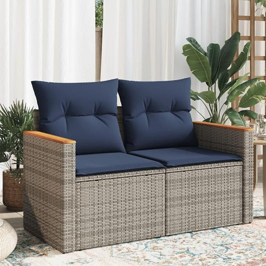 2-Seater Patio Sofa with Cushions, Gray Poly Rattan Outdoor Loveseat, Modern Modular Garden Bench with Acacia Wood Armrests and Weather-Resistant Steel Frame