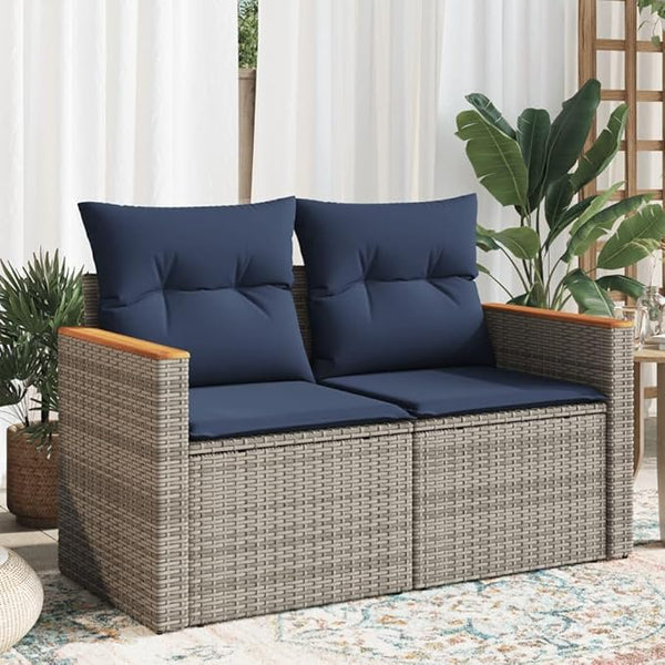 2-Seater Patio Sofa with Cushions, Gray Poly Rattan Outdoor Loveseat - Photo 1
