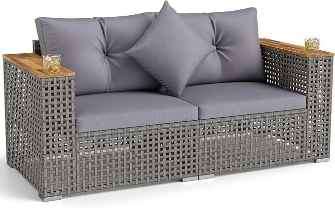 Tangkula 62.5" Large Patio Wicker Loveseat with Acacia Wood Armrests & Cup Holders, Outdoor 2-Piece Rattan Corner Sofa with Cushions, Sectional Conversation Set for Garden Backyard Porch Balcony, Grey