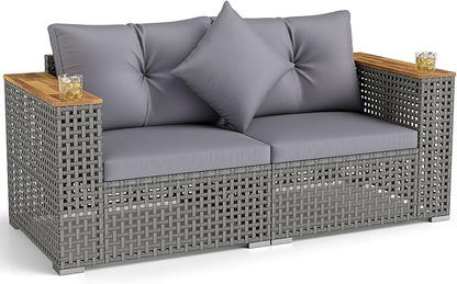 Tangkula 62.5" Large Patio Wicker Loveseat with Acacia Wood Armrests & Cup Holders, Outdoor 2-Piece Rattan Corner Sofa with Cushions, Sectional Conversation Set for Garden Backyard Porch Balcony, Grey