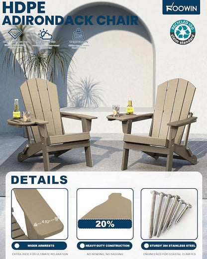 FOOWIN Folding Adirondack Chair Set of 4, HDPE Adirondack Chairs with Cup Holder, Weather Resistant Plastic Fire Pit Chairs for Outdoor, Patio, Lawn, Garden, Backyard, Deck, Brown