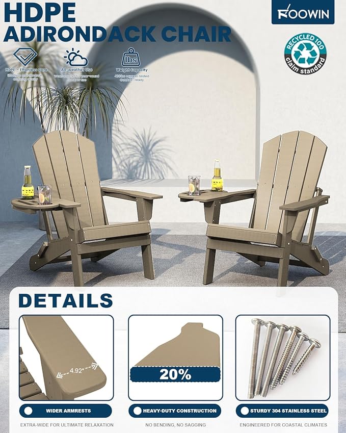 FOOWIN Folding Adirondack Chair Set of 8, HDPE Adirondack Chairs with Cup Holder - Photo 3