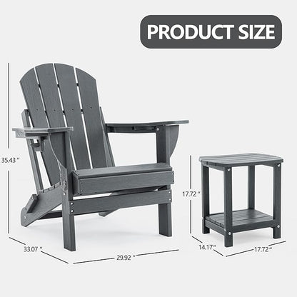 Folding Adirondack Chair Set with Side Table – HDPE Outdoor Patio Weatherproof Chairs with Reclining Back, Cup Holder, 2-Tier Storage End Table for Firepit or Garden (Grey, 4 Chairs &2 Tables)