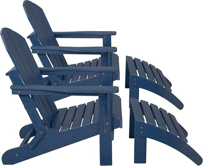 WestinTrends Malibu Outdoor Lounge Chair Set, 4-Pieces Adirondack Chair Set of 2 with Ottoman, All Weather Poly Lumber Patio Lawn Folding Chair for Outside Pool Beach, Navy Blue