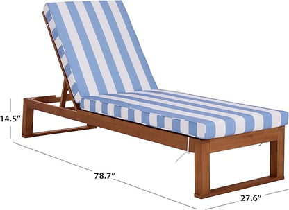 SAFAVIEH Outdoor Patio Furniture Collection - Sophie Natural Brown Solid Wood Chaise Lounge Chair, Adjustable Reclining, Baby Blue Stripe Cushion (PAT7101U)
