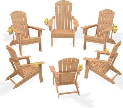 Folding Adirondack Chair Set of 6，Wooden Textured Fire Pit Chair with Cup Holder, Heavy All-Weather HDPE Plastic Outdoor Patio Chairs for Poolside Backyard Patio Outdoor Garden