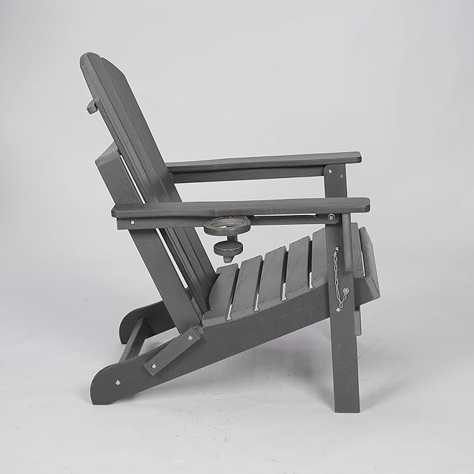 Gray Folding Adirondack Chair with Dual Cup Holders, Composite Material with Wood-Like Appearance - Perfect Outdoor Accent