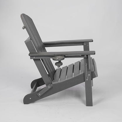 Folding Outdoor Adirondack Chair in Gray with Dual Cup Holders and Composite Wood Texture - Space-Saving Solution