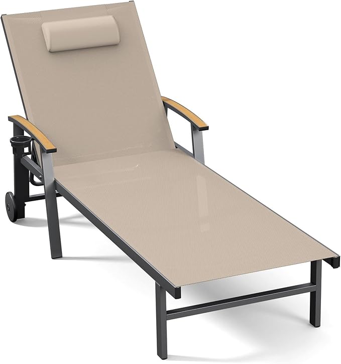 Ciokea Outdoor Lounge Chair with Pillow, 5-Position Aluminum Chaise Lounge with Wheels & Armrests - Photo 1