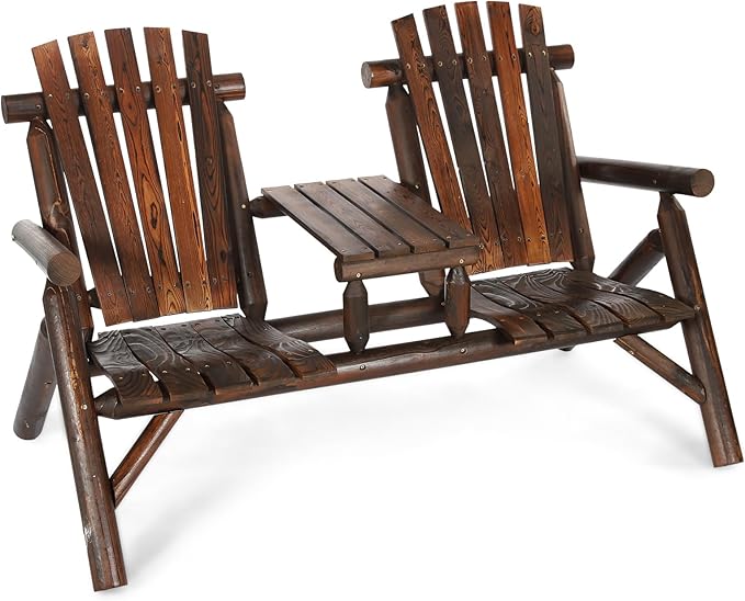Outdoor 2-Person Wooden Adirondack Bench, Conversation Furniture Set with Patio Rustic Loveseat & Built-in Table, Carbonized Garden Bench Fire Pit Chair for Backyard Porch Pool Deck