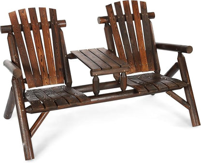 Outdoor 2-Person Wooden Adirondack Bench, Conversation Furniture Set with Patio Rustic Loveseat & Built-in Table, Carbonized Garden Bench Fire Pit Chair for Backyard Porch Pool Deck