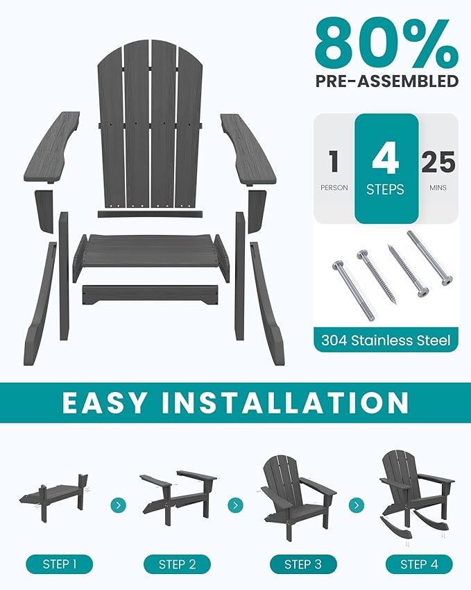 SERWALL Outdoor Adirondack Rocking Chair, All-Weather HDPE Porch Rocker Chair, Patio Adirondack Rocker Chair for Lawn Porch Deck, Grey
