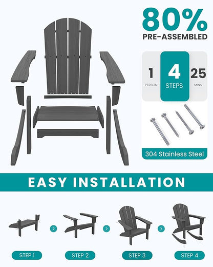 SERWALL Outdoor Adirondack Rocking Chair, All-Weather HDPE Porch Rocker Chair, Patio Adirondack Rocker Chair for Lawn Porch Deck, Grey