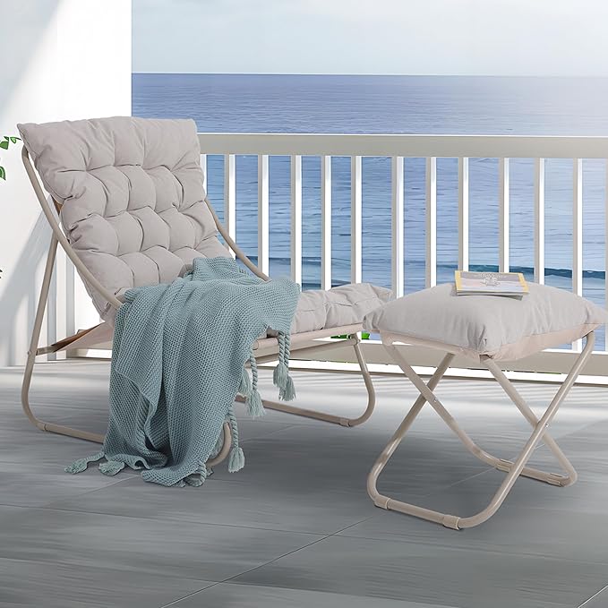 Patio Lounge Chair with Ottoman, Indoor Outdoor Comfy Sling Recliner Chair with Cushion, Modern Oversized Padded Lounge Chair Set with Footstool for Balcony Porch Garden, Champagne