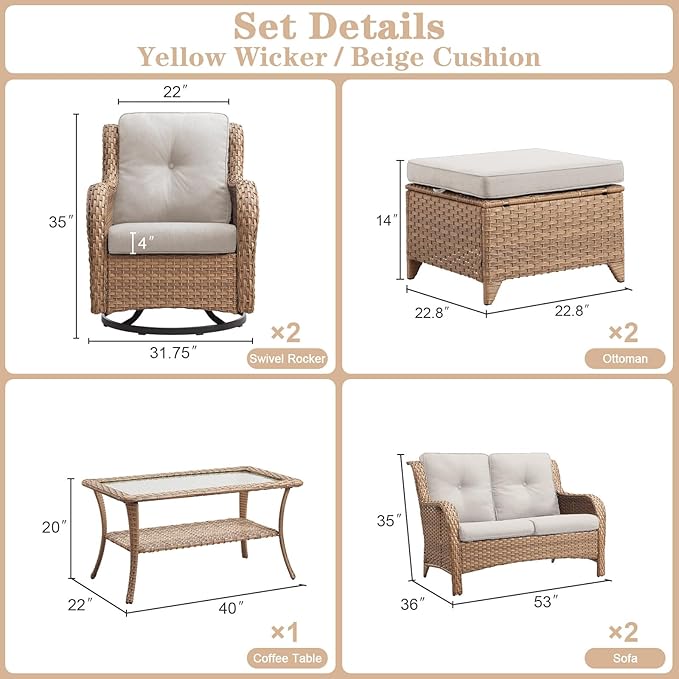 Belord 6 Piece Wicker Patio Furniture Set, Outdoor Swivel Rocker Chairs Set of 2 with Ottomans and Loveseat - Photo 2