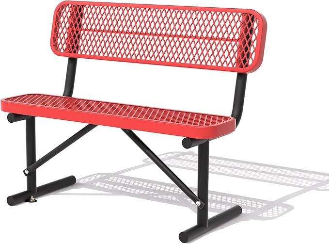 4 Ft Metal Park Bench for Outside, All-Weather Thermoplastic Coating Outdoor Bench with Backrest, Commercial Heavy Duty Benches for Shopping Malls, Stores, Parks, Patios, Decks, Red