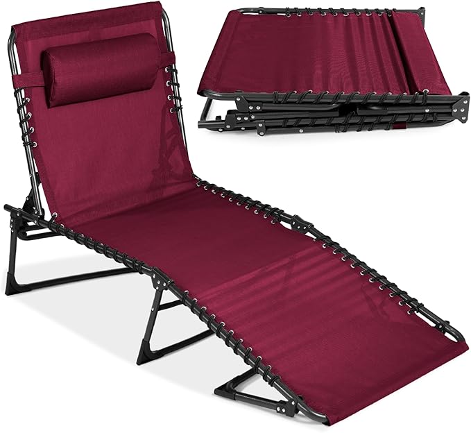 Best Choice Products Patio Chaise Lounge Chair, Portable Outdoor Folding Recliner for Lawn, w/ 8 Positions, Handles, 300lb Capacity - Wine Red