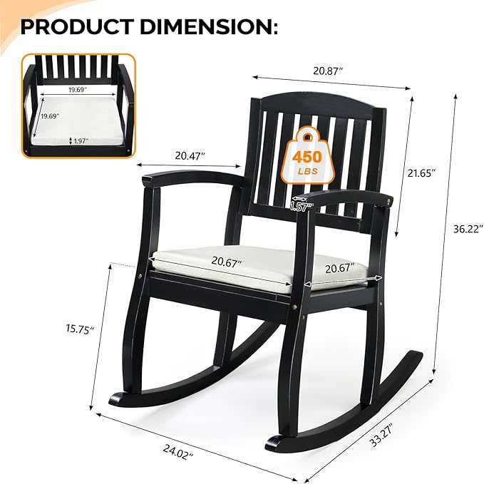 VINGLI Wooden Rocking Chair with Cushion,Outdoor Indoor Rocking Chair Supports Up to 450 lbs,Chair with Comfortable Backrest for Patio, Porch, Balcony (1, Black)
