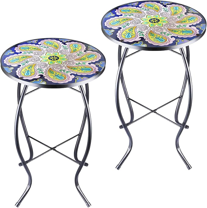 2PCS 12 Inch Small Outdoor Side Table with Purple Flower, Glass Mosaic Patio Table Indoor, Round Plant Coffee Table for Living Room, Balcony, Garden