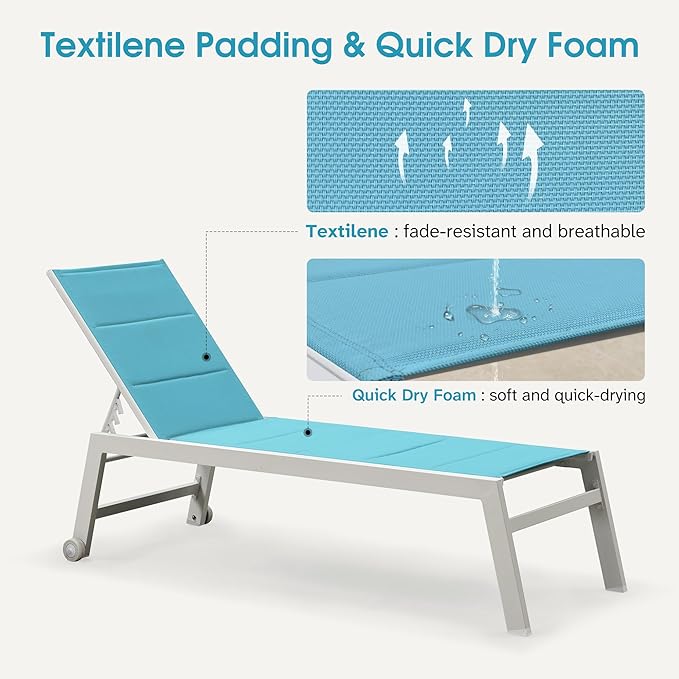 PURPLE LEAF Outdoor Chaise Lounge Set Adjustable Sunbathing Recliner with Side Table for Beach Poolside Patio Outside Aluminum Chaise Lounger Turquoise Blue