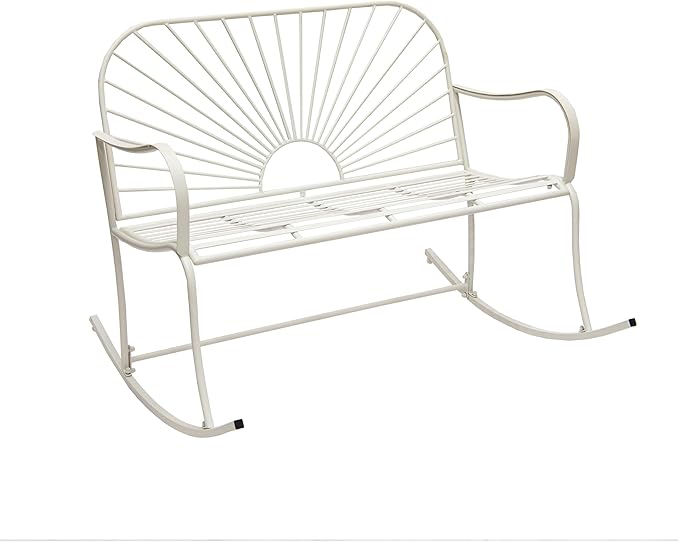 XBrand 44.5" L Iron Sun-Patterned Seat for Two Indoor/Outdoor Rocking Bench, Durable Patio Rocking Bench, White - Photo 1