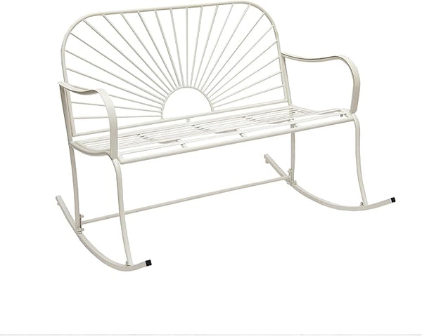 XBrand 44.5" L Iron Sun-Patterned Seat for Two Indoor/Outdoor Rocking Bench, Durable Patio Rocking Bench, White - Photo 1