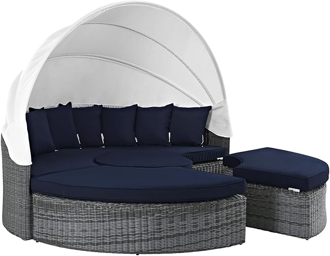 Modway Summon Outdoor Patio Daybed with Canopy and Sunbrella Cushions in Canvas Navy
