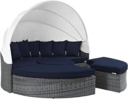 Modway Summon Outdoor Patio Daybed with Canopy and Sunbrella Cushions in Canvas Navy