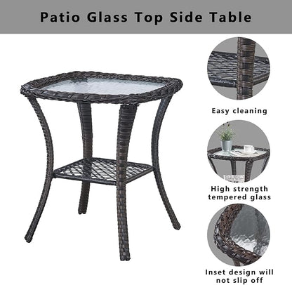 Belord Rattan Patio Side Table, 2 Tier Hand Woven Wicker Bistro Table, 5 mm Frost Glass Top Square Table, Brown Wicker
