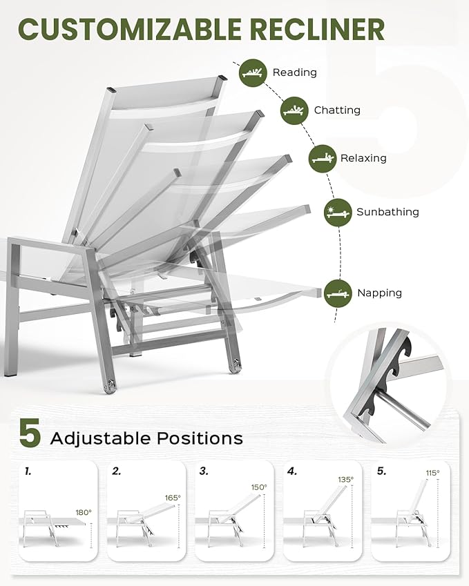 Patio Chaise Lounge Chair Outdoor with Wheels&Armrests, Aluminum Pool Lounge Chairs Five-Position Adjustable Recliner with Side Table, Outdoor Beach Lounge Chairs for Poolside, Deck, Garden, White