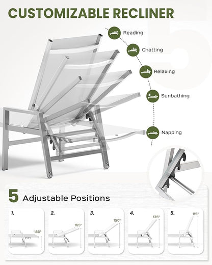 Patio Chaise Lounge Outdoor with Wheels&Armrests, Aluminum Pool Lounge Chairs 5-Position Adjustable Recliner, Sun Beach Lounge Chairs for Poolside, Patio, Deck, Yard, White