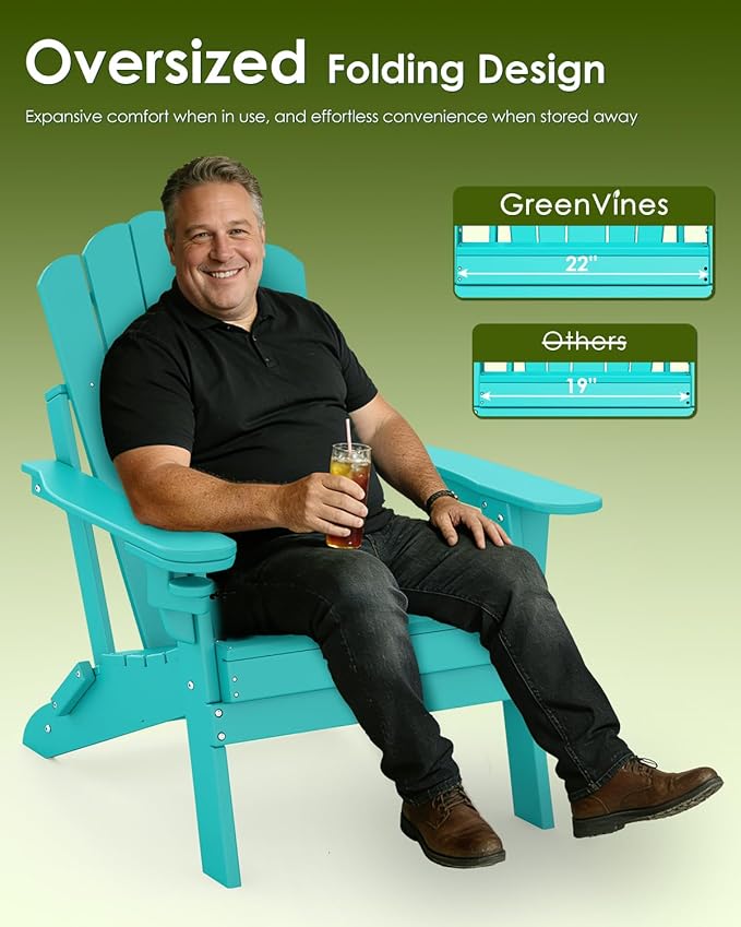 GREENVINES Oversized-Folding-Adirondack-Chairs-Set-of-6 | HDPE Plastic | Cup Holder | Fire Pit Chair | All Weather | for Outdoor Deck Backyard | Aqua