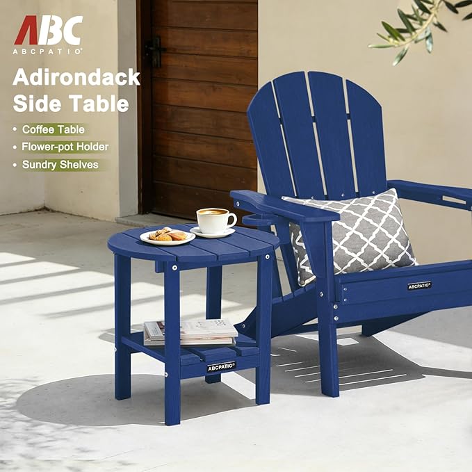 Outdoor Side Table Round - Patio Side Tables - HDPE Small Outdoor End Table for Backyard Pool Porch Balcony - Double Layer Storage - Navy (Wood Grain Finish)
