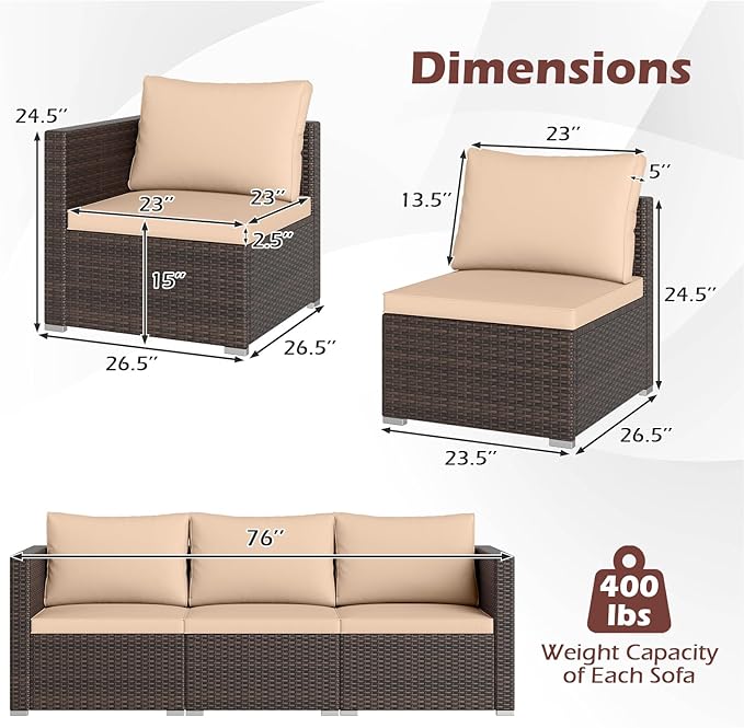 Tangkula 3 Seat Outdoor Wicker Sofa Set, Modular PE Rattan Patio Cushioned Sectional Couch Set - Photo 3
