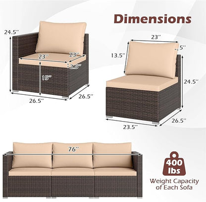 Tangkula 3 Seat Outdoor Wicker Sofa Set, Modular PE Rattan Patio Cushioned Sectional Couch Set, Outside Furniture Set for Deck, Backyard, Porch, Garden & Poolside (Brown-Beige)
