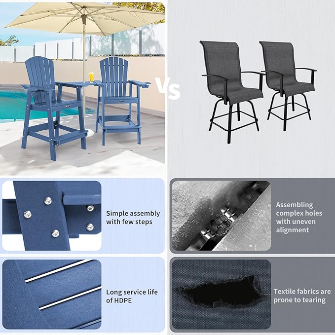 FUNBERRY Tall Adirondack Chairs Set of 2 with Removable Connecting Table, All Weather High Top Balcony Chair with Cup Holders