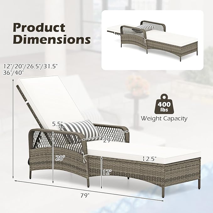 Wicker Chaise Lounge Chair, Patio Rattan Recliner with 6-Position Adjustable Backrest, Soft Cushions, Removable Lumber Pillow & Armrests, Lounger Chair for Poolside & Backyard (Off White)