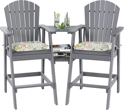 Sundale Outdoor Tall Adirondack Chairs Set of 2 with Table, Patio HDPE Bar Set, 3 PCS Counter Height Dining Bistro Set, Pub Table with Stools, 2 Umbrella Hole Caps, Medium Gray