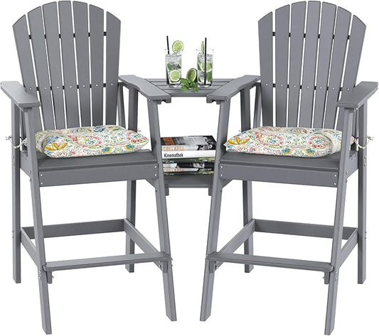 Sundale Outdoor Tall Adirondack Chairs Set of 2 with Table, Patio HDPE Bar Set, 3 PCS Counter Height Dining Bistro Set, Pub Table with Stools, 2 Umbrella Hole Caps, Medium Gray