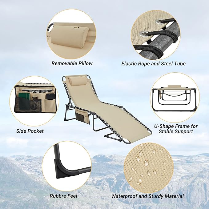 KingCamp Oversized Lounge Chair, Folding Portable Tanning Chairs Comfy Adjustable 5-Position Foldable Chaise Chaser Lounger with Pillow for Outdoor Beach Patio Sun Bathing Pool Backyard, Khaki