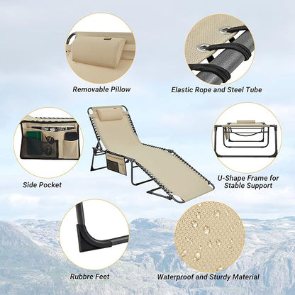KingCamp Oversized Lounge Chair, Folding Portable Tanning Chairs Comfy Adjustable 5-Position Foldable Chaise Chaser Lounger with Pillow for Outdoor Beach Patio Sun Bathing Pool Backyard, Khaki