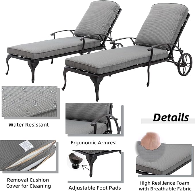 Chaise Lounge Outdoor Chair with Wheels, Adjustable Reclining Rust-Resistant Aluminum Cast Poolside Chaise Lounge Furniture Set of 2, Waterproof Grey Cushion
