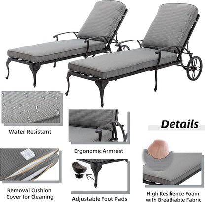 Chaise Lounge Outdoor Chair with Wheels, Adjustable Reclining Rust-Resistant Aluminum Cast Poolside Chaise Lounge Furniture Set of 2, Waterproof Grey Cushion