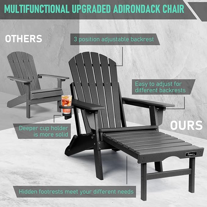 FUNBERRY Adjustable Folding Adirondack Chairs Set of 2 with Retractable Ottoman, All Weather Fire Pit Chairs with Cup Holder