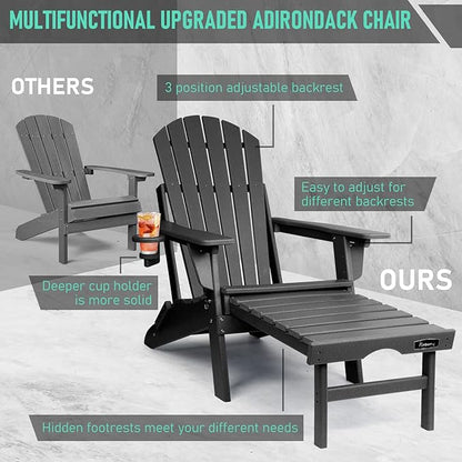 FUNBERRY Adjustable Folding Adirondack Chairs Set of 2 with Retractable Ottoman, All Weather Fire Pit Chairs with Cup Holder