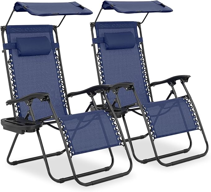 MoNiBloom Zero Gravity Chairs Set of 2, Patio Anti Gravity Recliner with Canopy Shade, Foldable Outdoor Lounger with Cup Holder Tray and Headrest for Beach Camping, Navy Blue