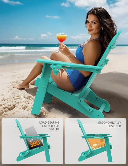Folding Adirondack Chair, Wooden Textured Plastic Adirondack Chairs with 2 Cup Holder, Weather Resistant HDPE Fire Pit Chair, Outdoor Patio Chairs for Garden, Backyard, Lawn, Deck, 380LBS, Lake Blue