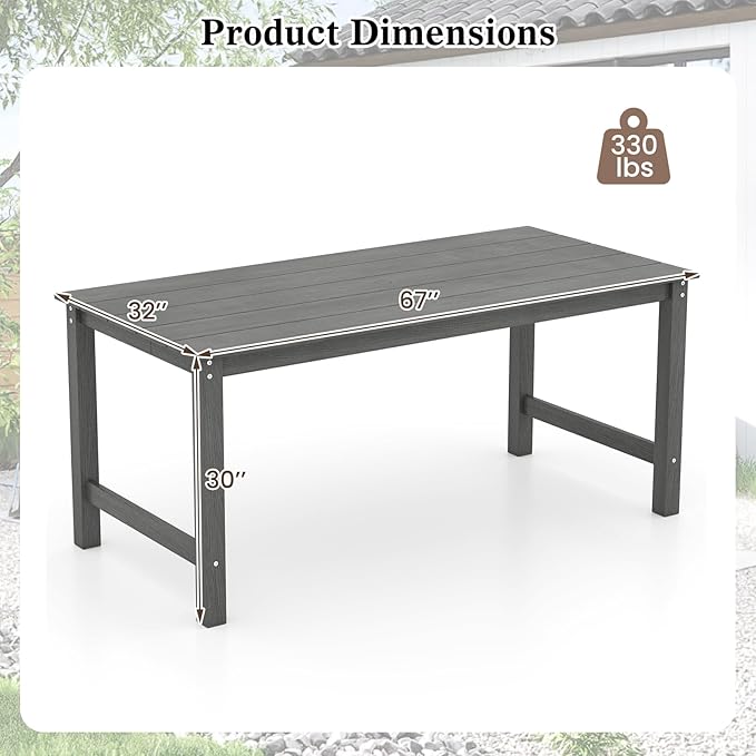 Tangkula HDPE Outdoor Dining Table for 6 Person, 67” Patio Table with Wood-Like Tabletop and Umbrella Hole, Weather-Resistant Rectangle Table for Garden, Backyard and Poolside (Gray, 1 Table)