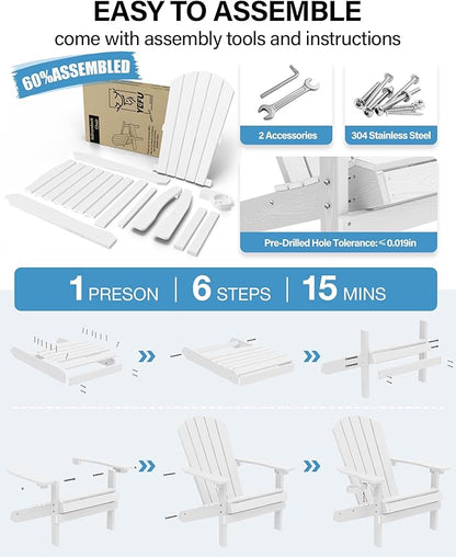 YEFU Adirondack Chairs with Cup Holders: Set of 6 Fire Pit Chairs Plastic with Wood Texture - Sturdy All-Weather HIPS for Patio Backyard Lawn - Easy Assembly Outdoor Furniture(White)